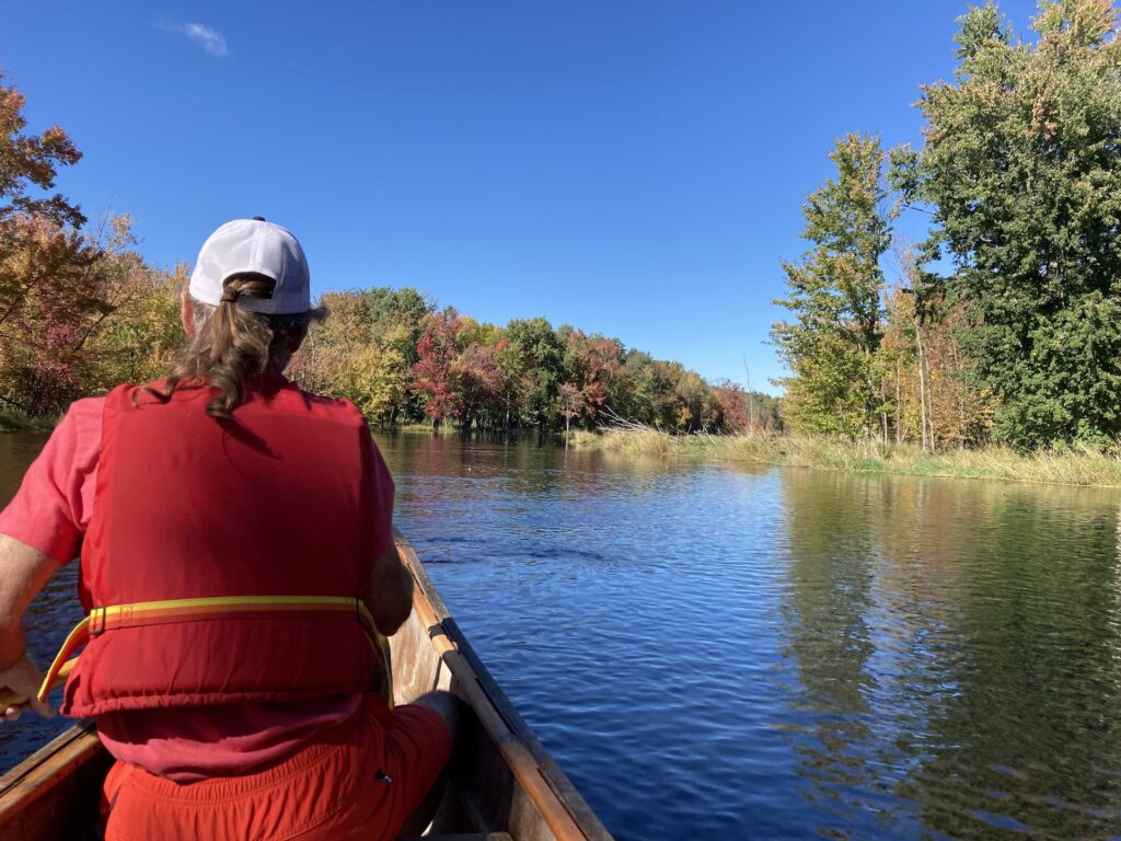 Fall Paddle Photo from behind of person with a ponytail wearing a red shirt and red lifejacket sitting in the bow of a canoe on a calm river during autumn